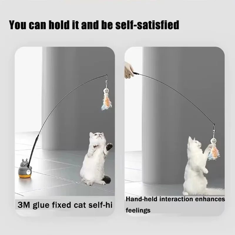 A hand-held cat teaser wand with a feather and bell is shown being used to interact with a cat.