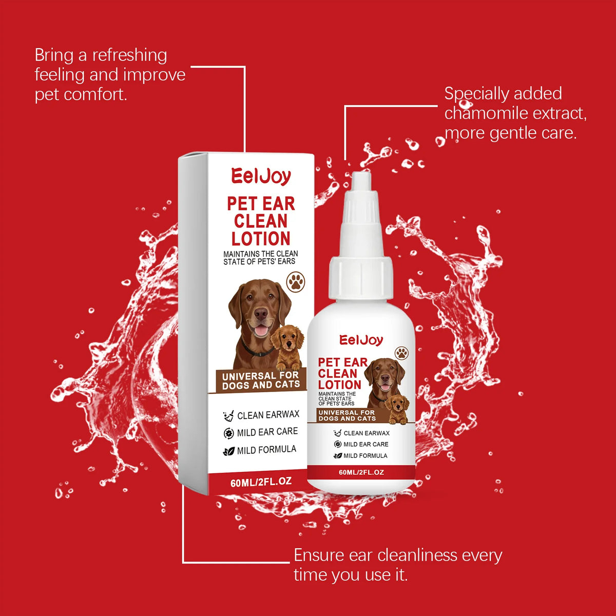A bottle of EelJoy Pet Ear Clean Lotion for dogs and cats is shown against a red background with water splashes.
