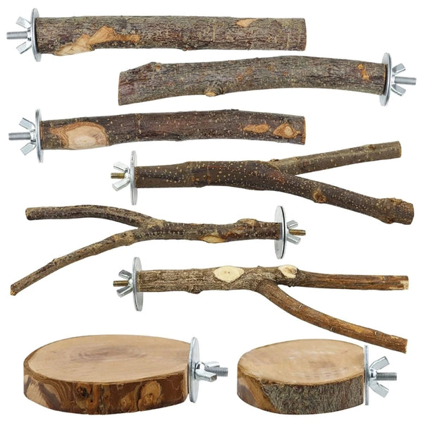 Eight pieces of natural wood branches used as a parrot perch stand and climbing gym