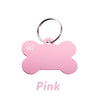 Pink bone-shaped dog ID tag with a silver keyring.