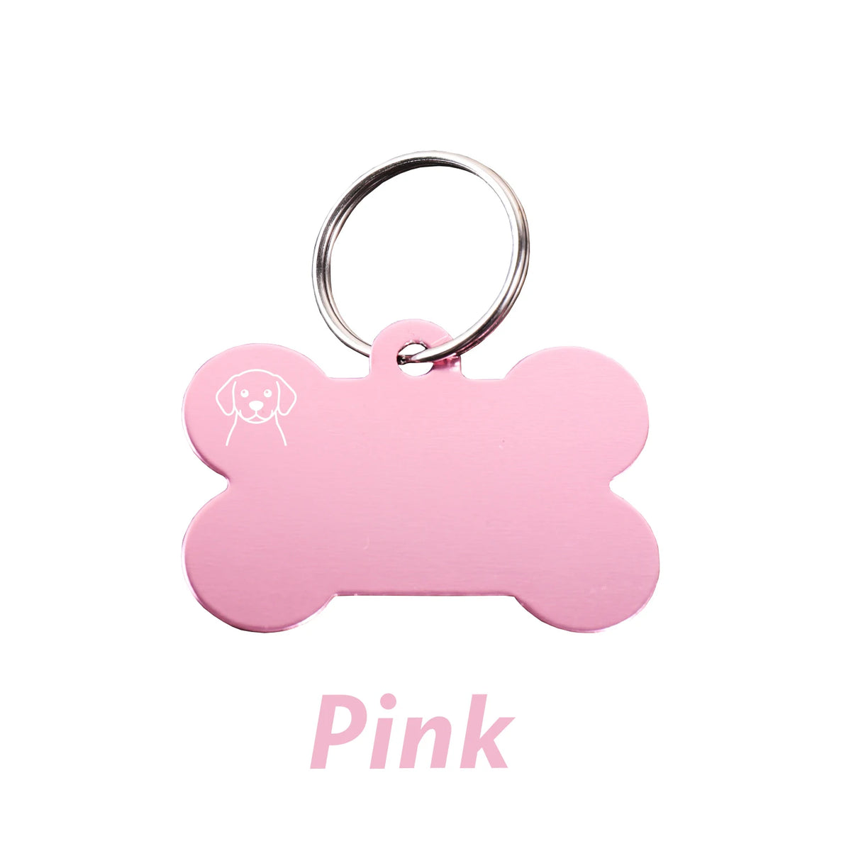 Pink bone-shaped dog ID tag with a silver keyring.