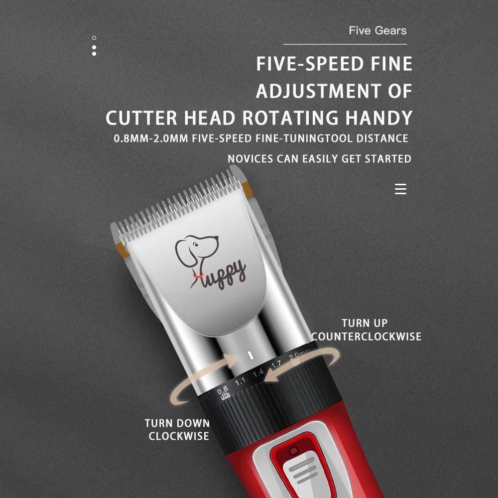 A close-up of a five-speed fine adjustment cutter head rotating handy tool for pet grooming.