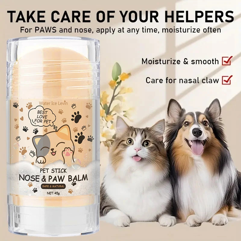 A glass jar of Pet Stick Nose & Paw Balm with two cats and a dog beside it.