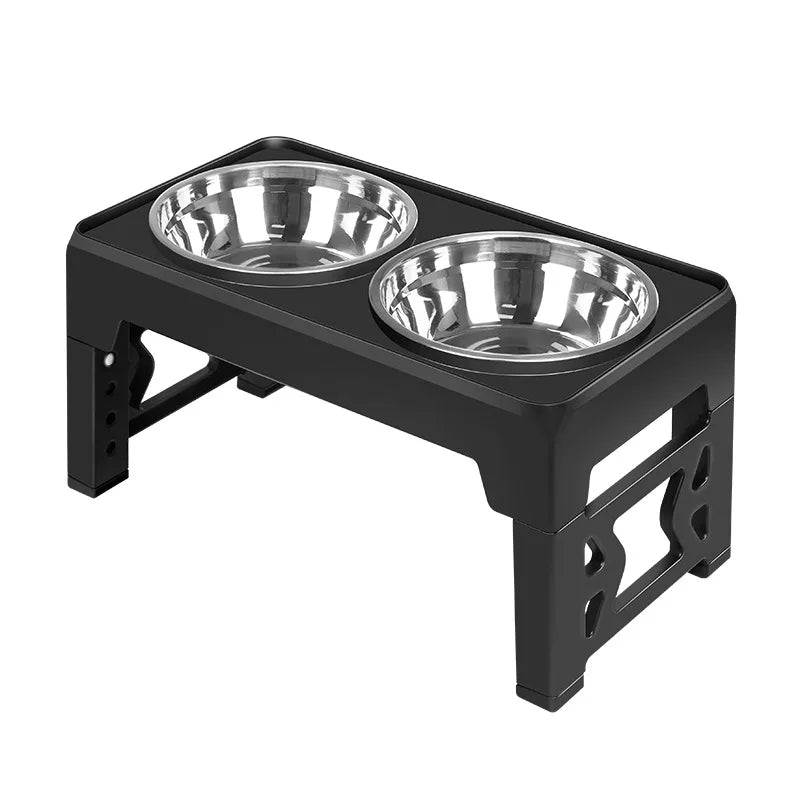 Black adjustable raised dog feeder with two stainless steel bowls.