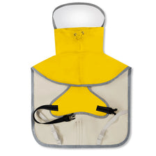A yellow and gray durable pet raincoat for dogs with a hood and a fitted body.