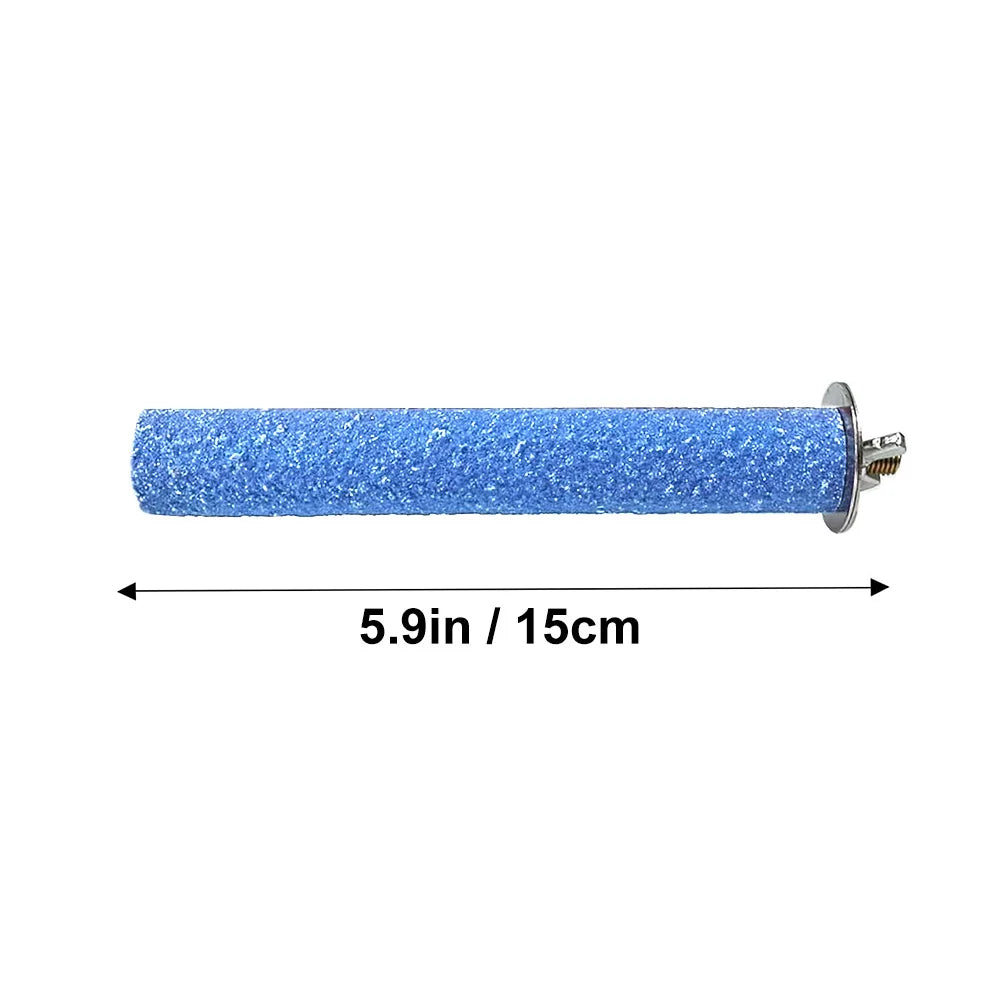 A blue glittery natural wooden perch stand for parrots and birds, measuring 5.9 inches long.