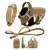 A heavy duty tactical dog harness with a padded vest and molli pouch system shown with accompanying straps and pouches.