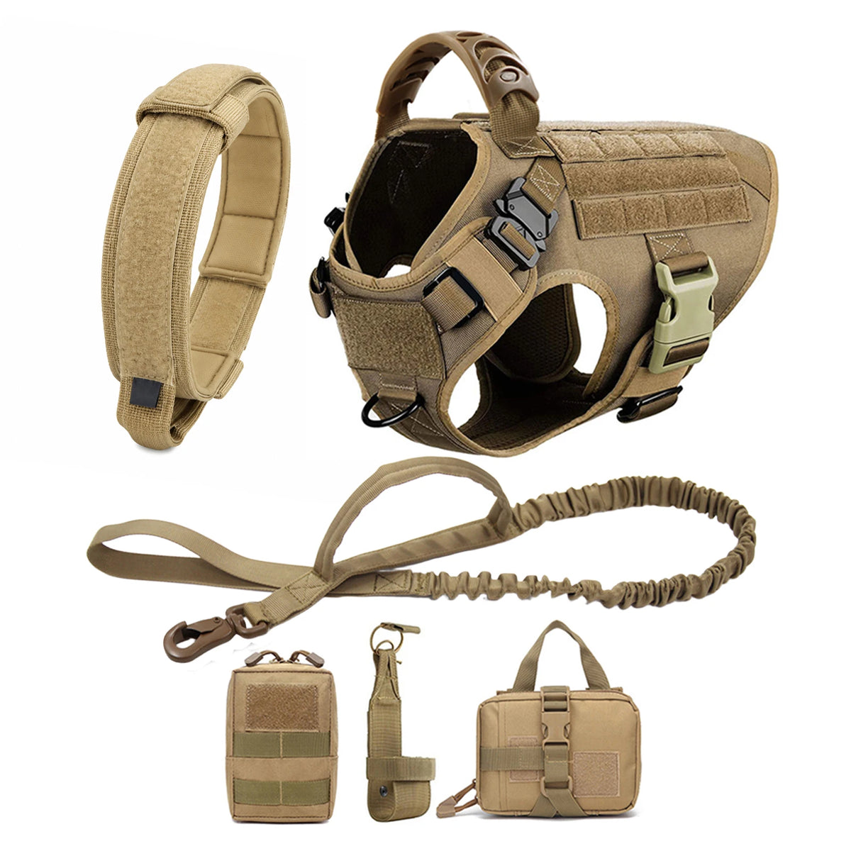 A heavy duty tactical dog harness with a padded vest and molli pouch system shown with accompanying straps and pouches.
