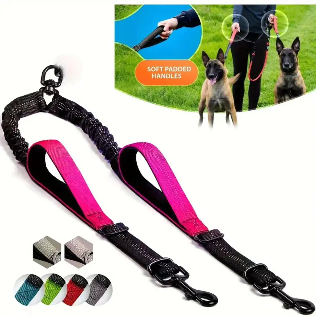 A black dual dog leash coupler with pink padded handles and shock-absorbing bungee attached to a leash.