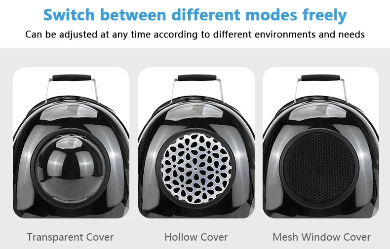 Three views of a black pet carrier backpack showing transparent, hollow, and mesh window covers