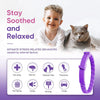 A purple pet collar is shown next to a child and a cat, illustrating stress relief for pets.
