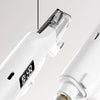 A white dual-purpose pet nail clippers and polisher tool shown with a close-up of the cutting and polishing attachments.
