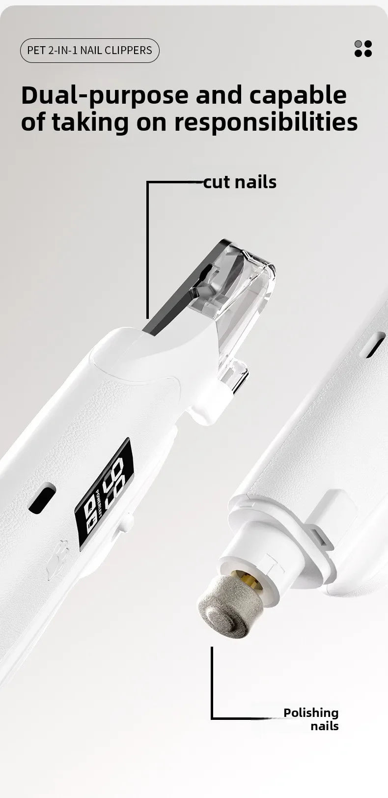 A white dual-purpose pet nail clippers and polisher tool shown with a close-up of the cutting and polishing attachments.