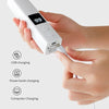 A hand holds a white pet nail grinder device displaying 9.9, demonstrating USB, power bank, and computer charging options.