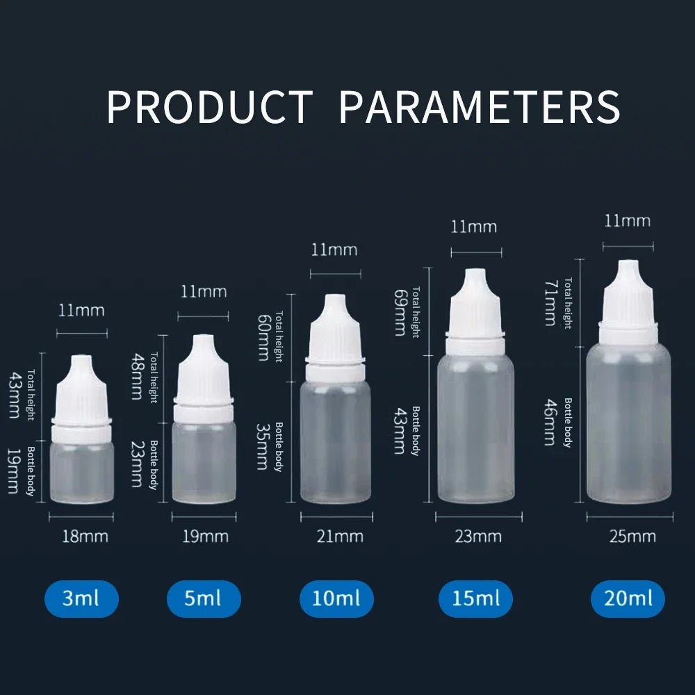 Diagram showing precision liquid droppers with various volumes from 3ml to 20ml and corresponding heights.