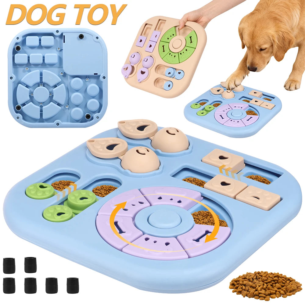 A blue interactive dog puzzle toy with various feeding compartments and a non-slip base, being used by a dog.