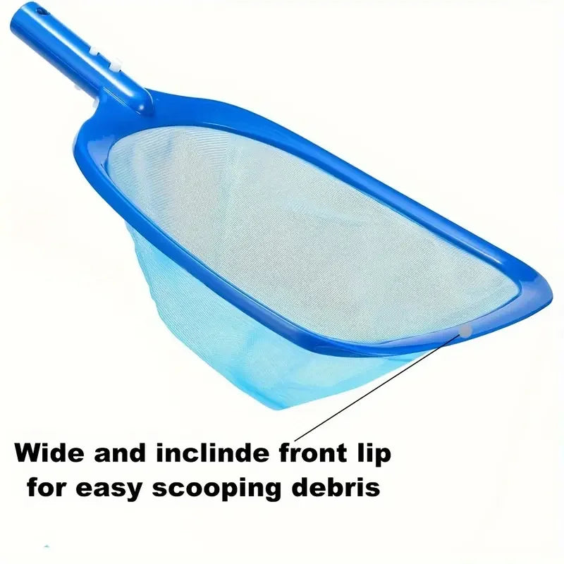Blue pool leaf skimmer net with a wide and inclined front lip for easy scooping of debris