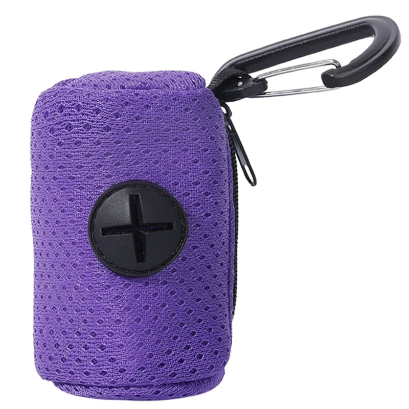 Purple reusable dog poop bags with a black circular closure and a black strap.