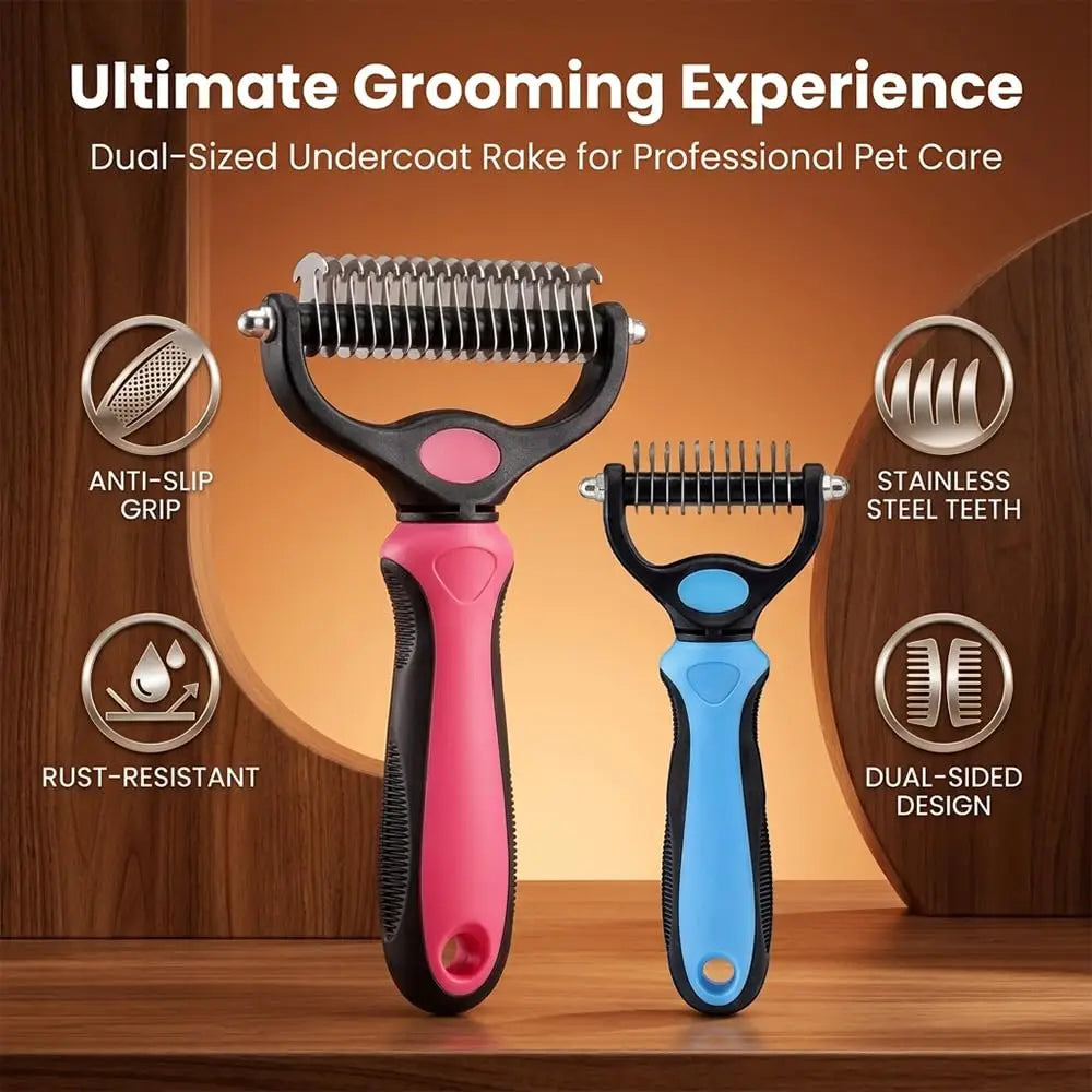Dual-sized undercoat rake for professional pet care featuring pink and blue silicone grips.