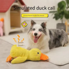 A fluffy white and gray dog sits next to a yellow plush duck toy.