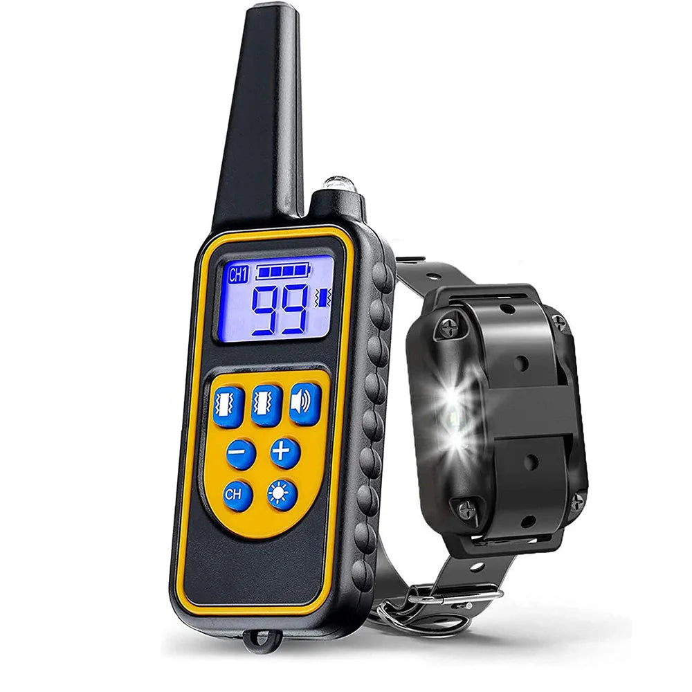 A black electric dog training collar with a yellow display showing 99 and a remote control unit.