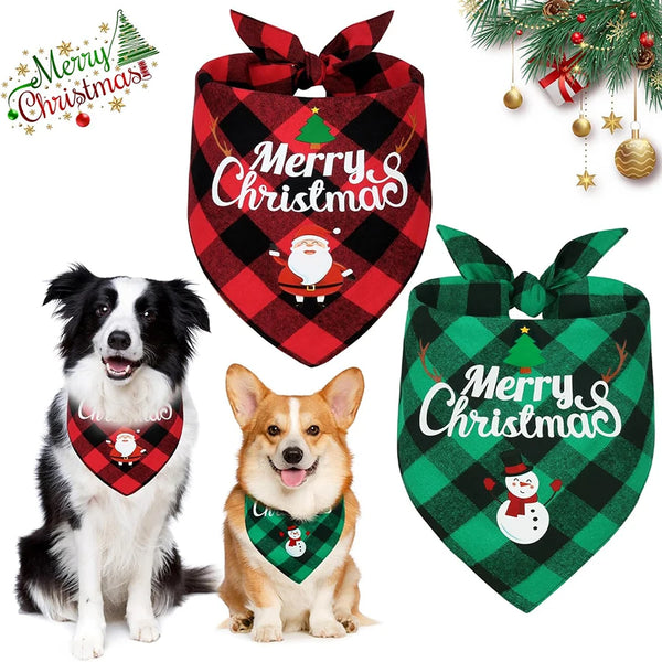 A plaid Christmas themed bandana for dogs featuring a festive bow and holiday design.
