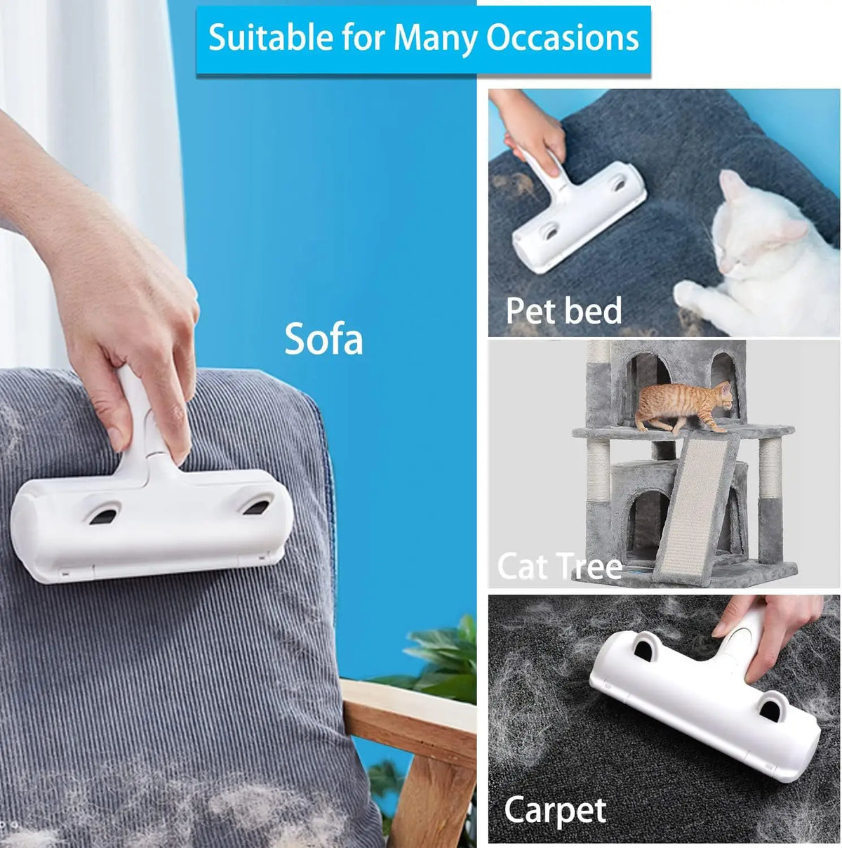 A white reusable pet hair remover brush is shown being used on a sofa, cat tree, and carpet.