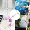 A 360° rotating shower squeegee with a silicone holder is shown being used to clean a car and glass shower surfaces.
