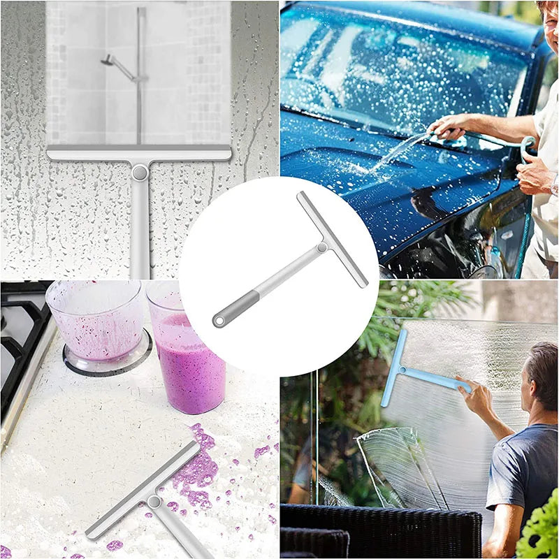 A 360° rotating shower squeegee with a silicone holder is shown being used to clean a car and glass shower surfaces.