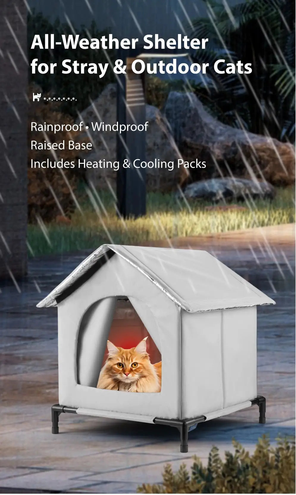 A white all-weather shelter for stray cats with an open entrance, shown outdoors.