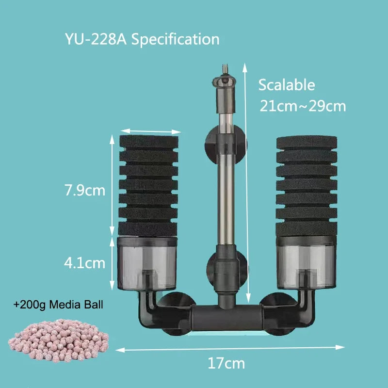 YU-228A specification showing a black bio sponge filter with a surface skimmer and a pile of media balls