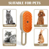 A beige pet grooming brush with an orange bristled head shown next to examples of short-haired cat, dog, and rabbit.