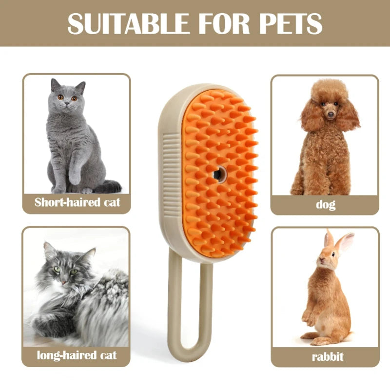 A beige pet grooming brush with an orange bristled head shown next to examples of short-haired cat, dog, and rabbit.