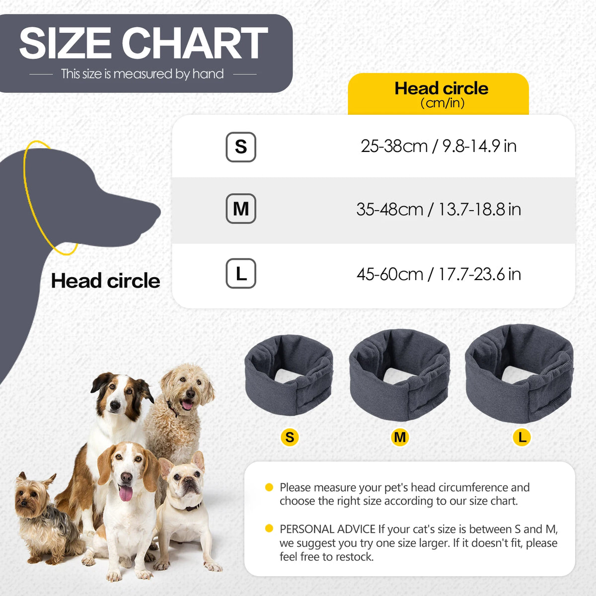 Größenübersicht mit Maßen für kleine, mittlere und große Hunde-Kopfkreise.
