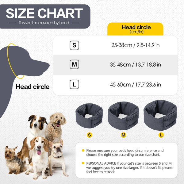 Size chart showing measurements for small, medium, and large dog head circles.