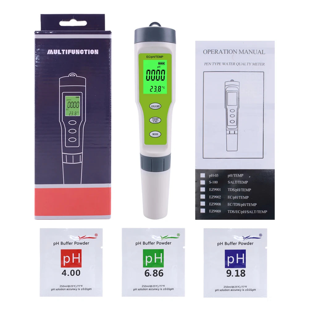 A multifunction digital water quality meter with a green display and various pH buffer powders shown next to the device.