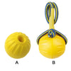 A yellow rubber fetch ball for dogs with a braided yellow and blue rope handle.