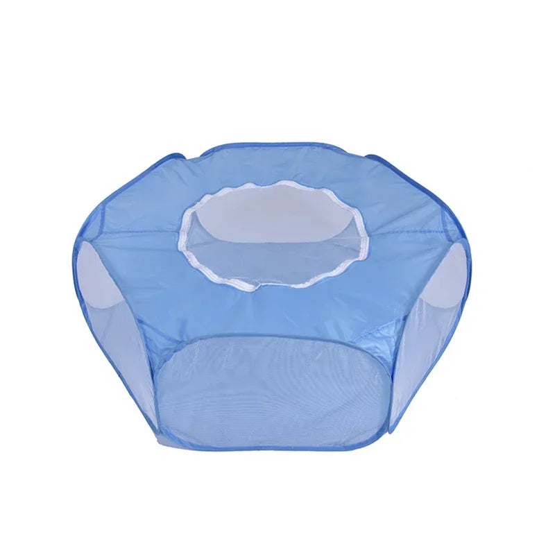 Cage portable bleu clair pour animaux de compagnie avec enclos en maille pour chats et petits chiens.