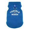 A bright blue, fuzzy pet jacket for dogs with a silver metal clasp.