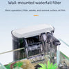 A wall-mounted waterfall filter is shown operating in an aquarium setup, filtering water.