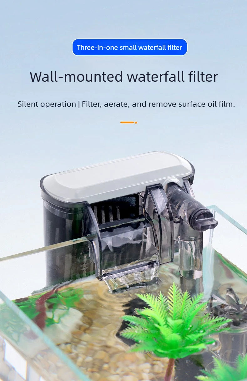 A wall-mounted waterfall filter is shown operating in an aquarium setup, filtering water.