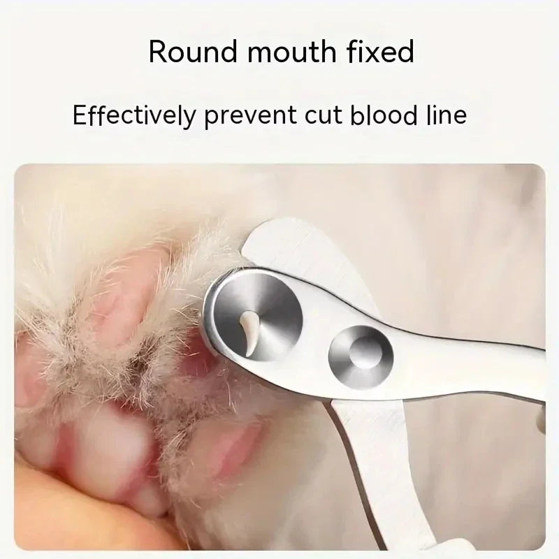 Stainless steel nail clippers being used on a pet's paw.