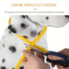 Une main coupe un collier de chien LED jaune lumineux sur un chien blanc, montrant sa conception librement coupée.