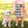 Ein junges Mädchen in pinkem Kleid und karierter Röcke hält ein rosa Hundehalsband und Leine, während ein weißer Hund in der 