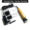 A black corded pet hair clipper set with a wooden handle and attachments for grooming.