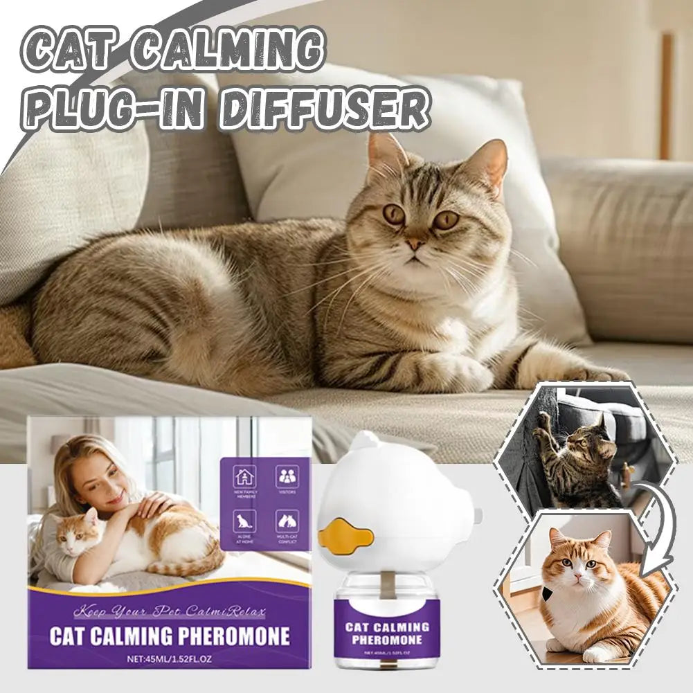 A white plug-in cat calming pheromone diffuser is shown next to a tabby cat relaxing on a sofa.