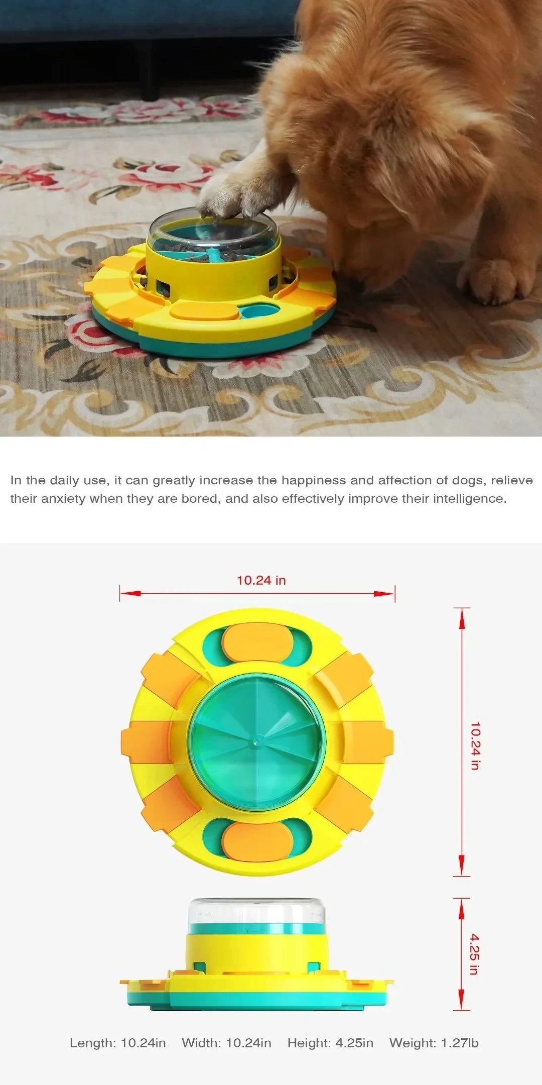 A yellow and teal interactive dog slow feeder puzzle toy being used by a dog.