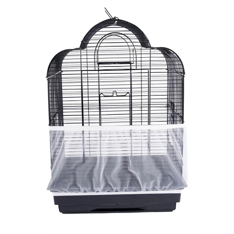 A black mesh bird cage cover with a dome top and a clear plastic base.