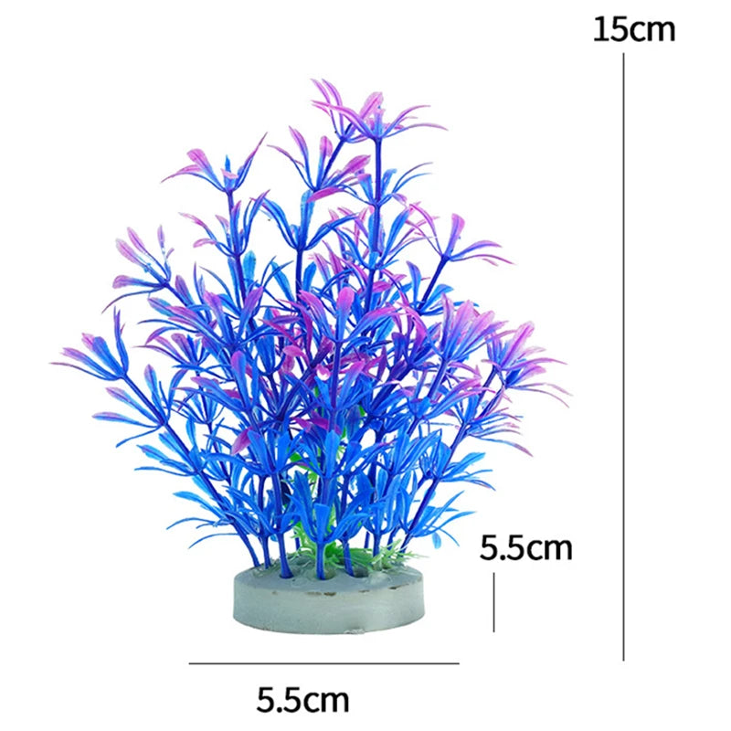 Plantes décoratives aquatiques artificielles avec des feuillages bleus et violets vifs sur une base ronde.