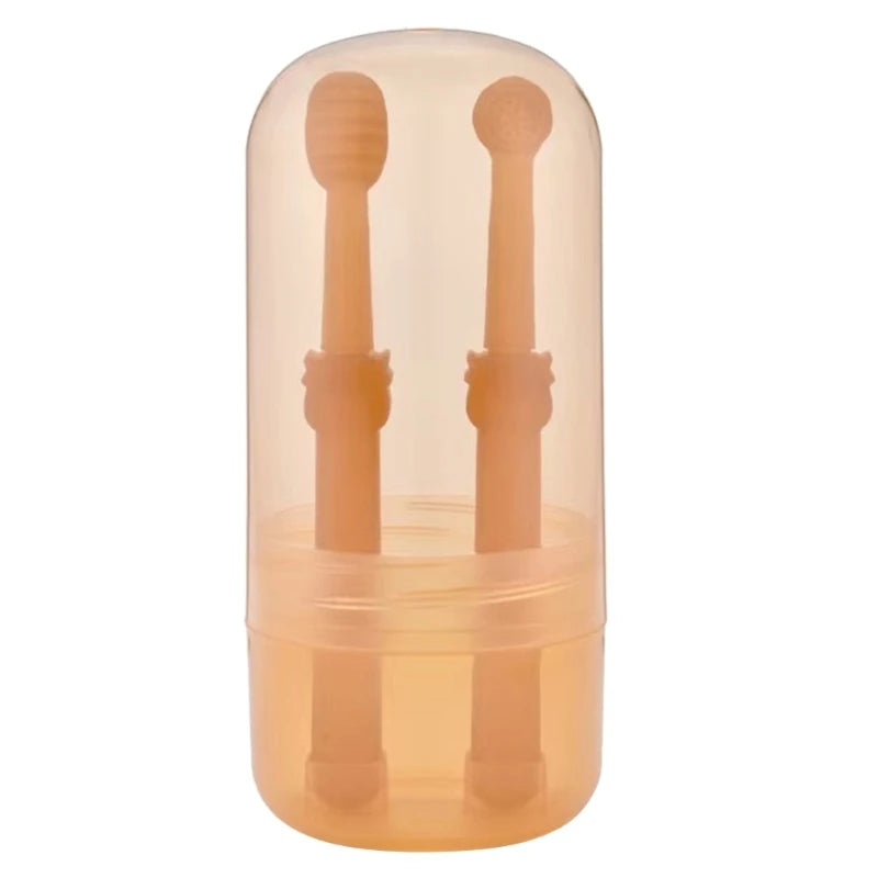 A clear silicone pet toothbrush set for cats and dogs with a storage case, featuring two brush handles.